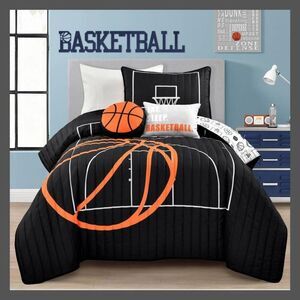 Lush Decor - 4pc Twin Kids' Basketball Game Quilt Set Black - L Black